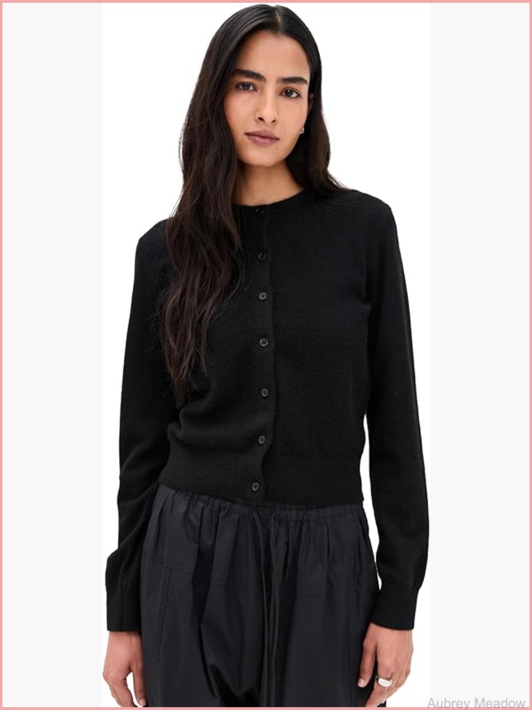 Lightweight Cashmere Crewneck Cardigan With Ribbed Trim
